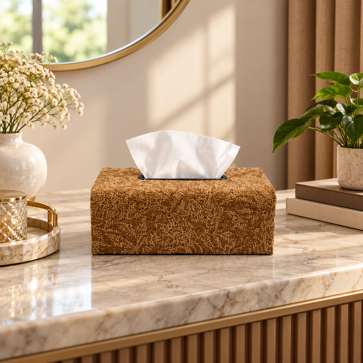 Plush Textured Tissue Box Cover styled in a premium home interior
