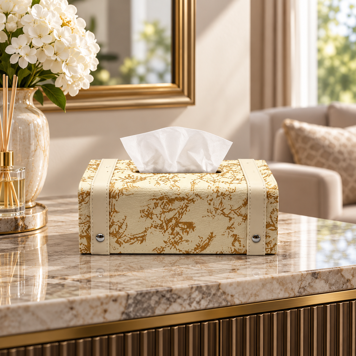Botanical Print Decorative Tissue Box Cover in an elegant interior