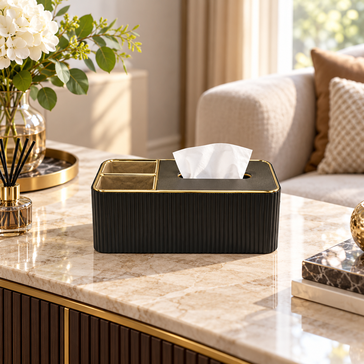 Ribbed Tissue Box Organizer in an elegant interior