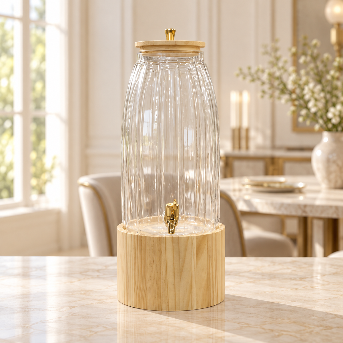 Tall ribbed glass beverage dispenser with light wooden stand