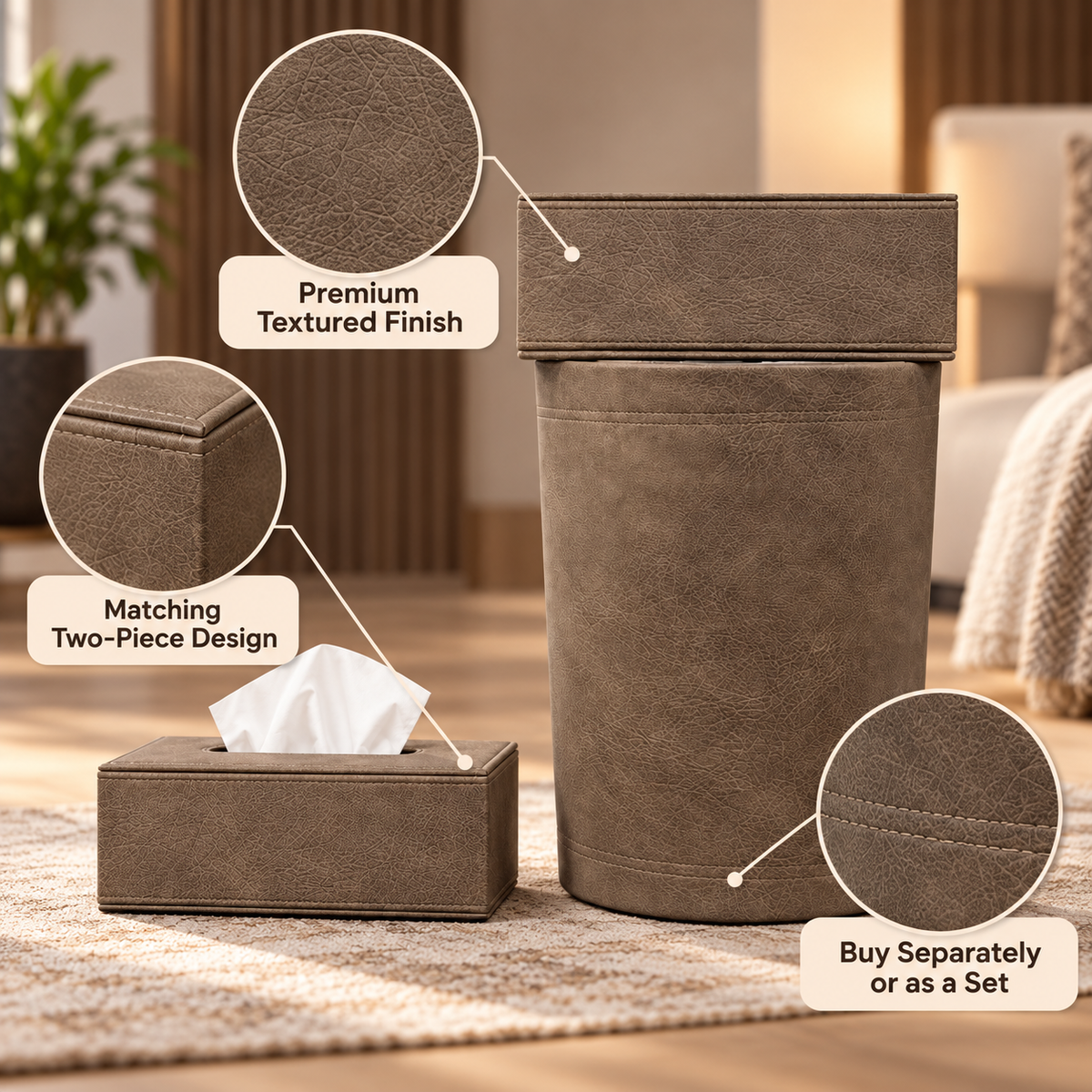Premium Taupe Suede-Look Tissue Box & Dustbin Set feature details