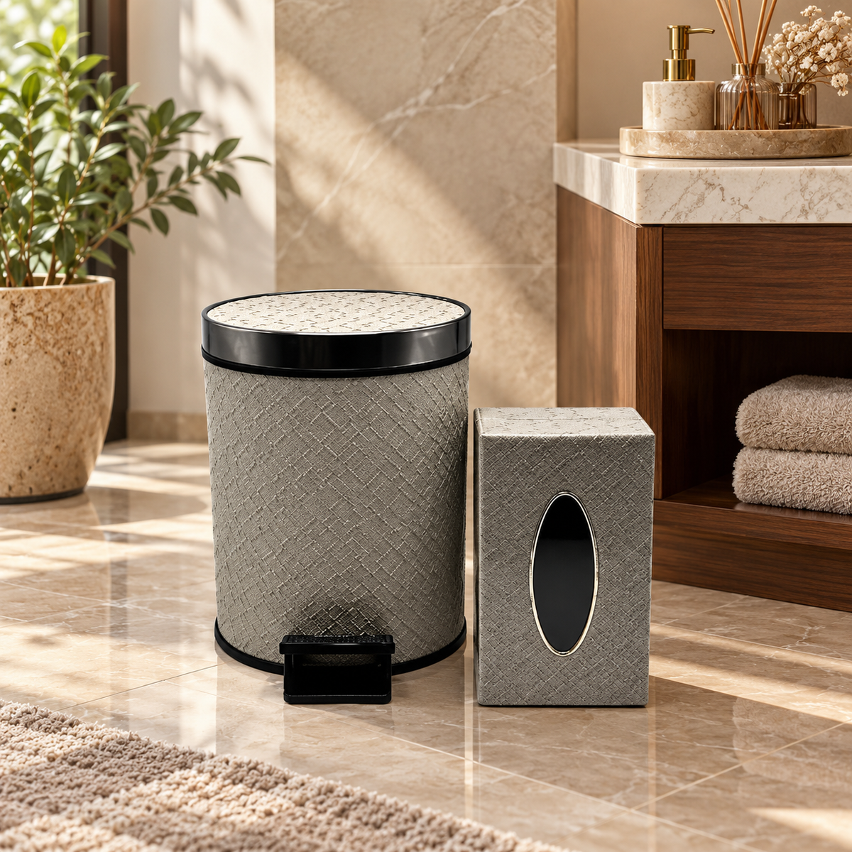 Metallic-Trim Pedal Dustbin & Tissue Box Set in a premium home setting