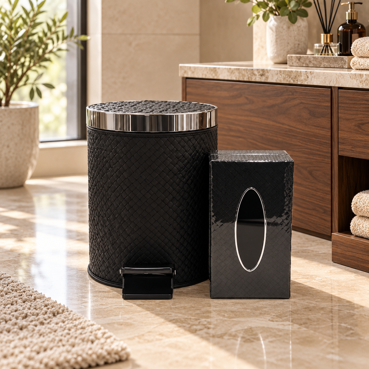 Contemporary Pedal Dustbin & Tissue Box Set in a premium home setting