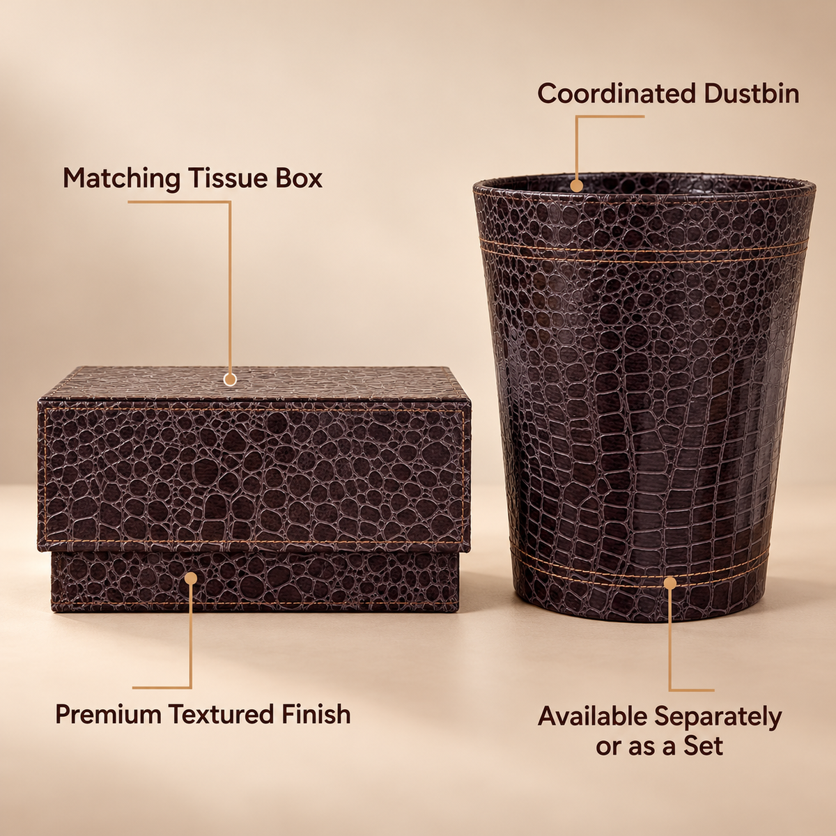 Dark Brown Crocodile Texture tissue box and dustbin product features