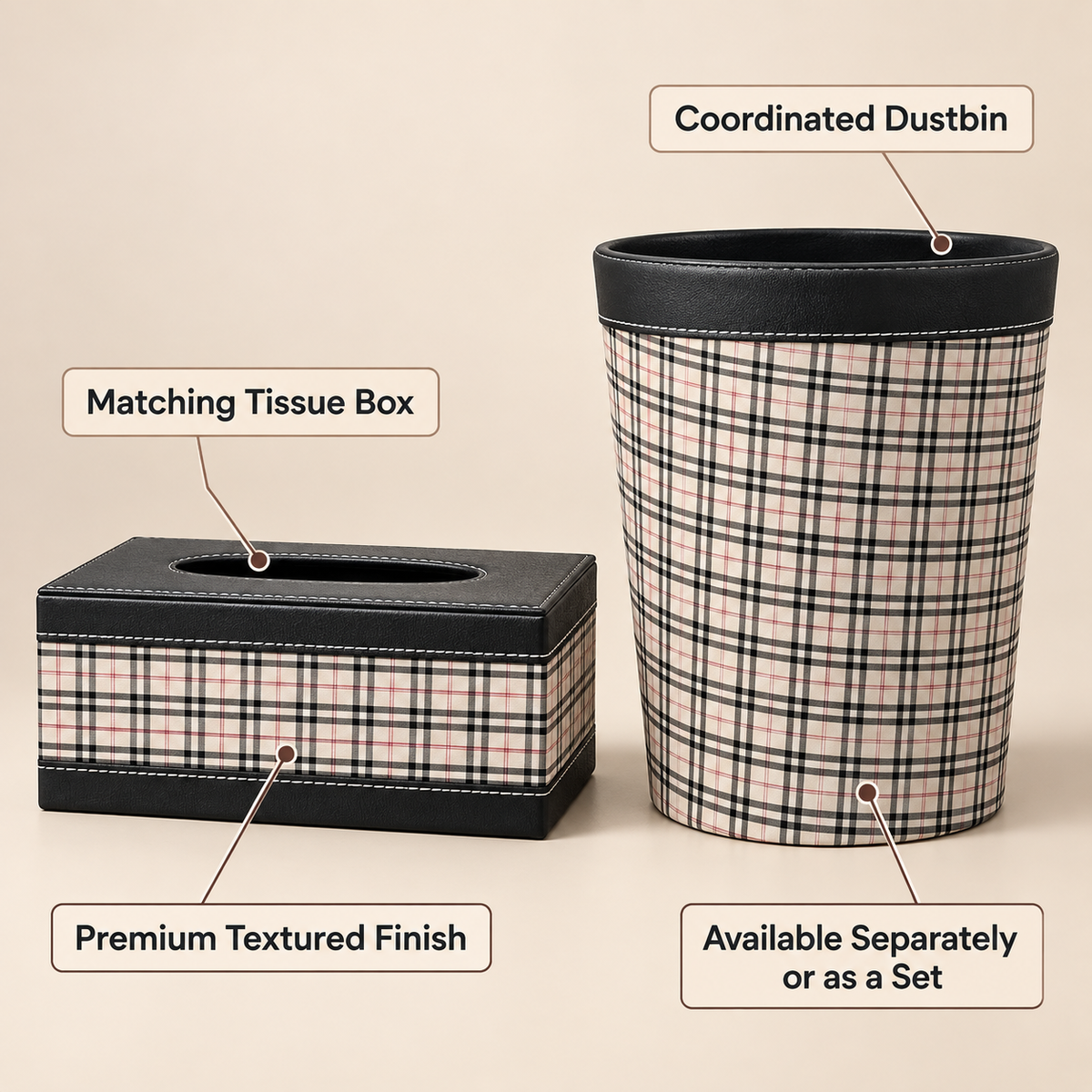 Classic Beige Check tissue box and dustbin product features