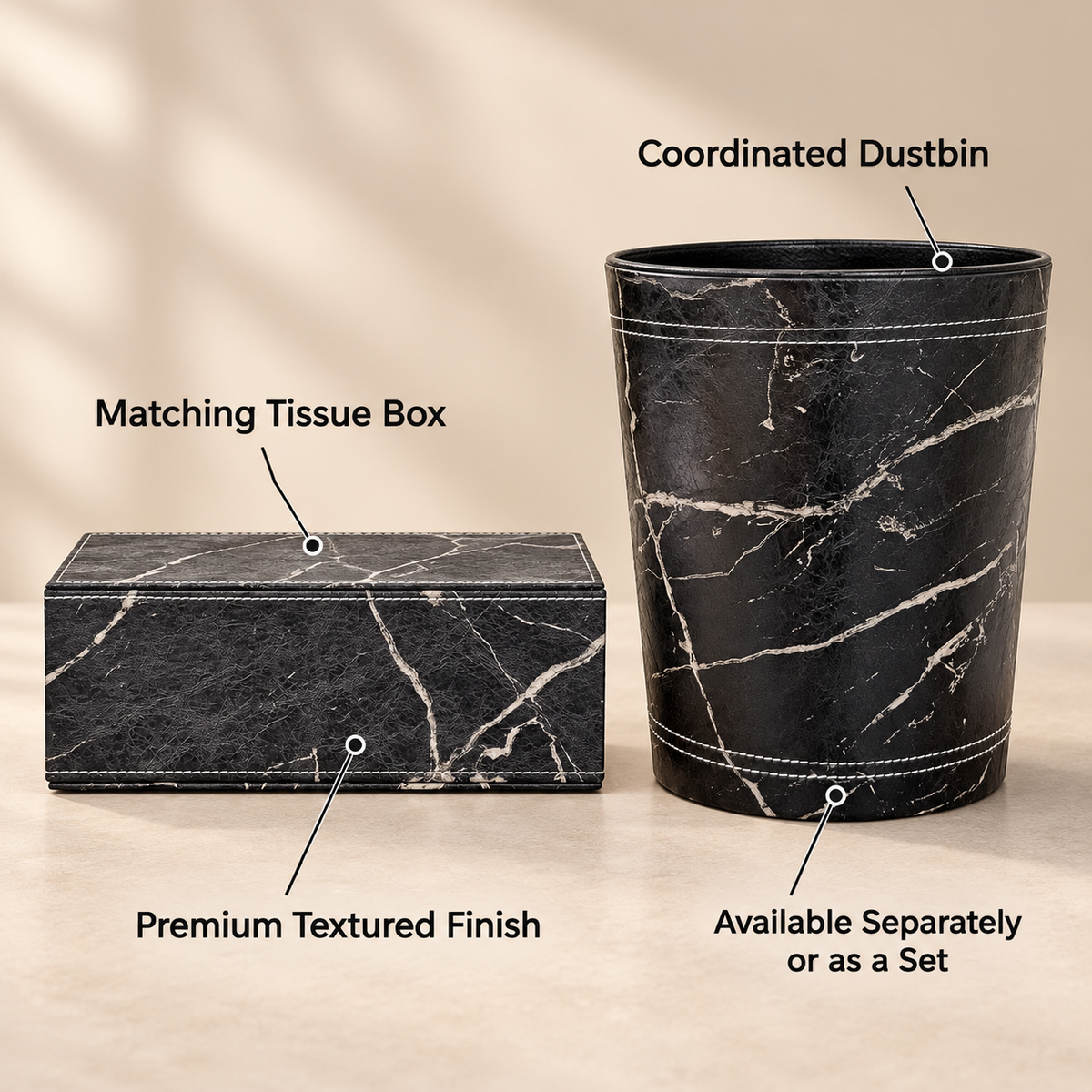 Black Marble tissue box and dustbin product features