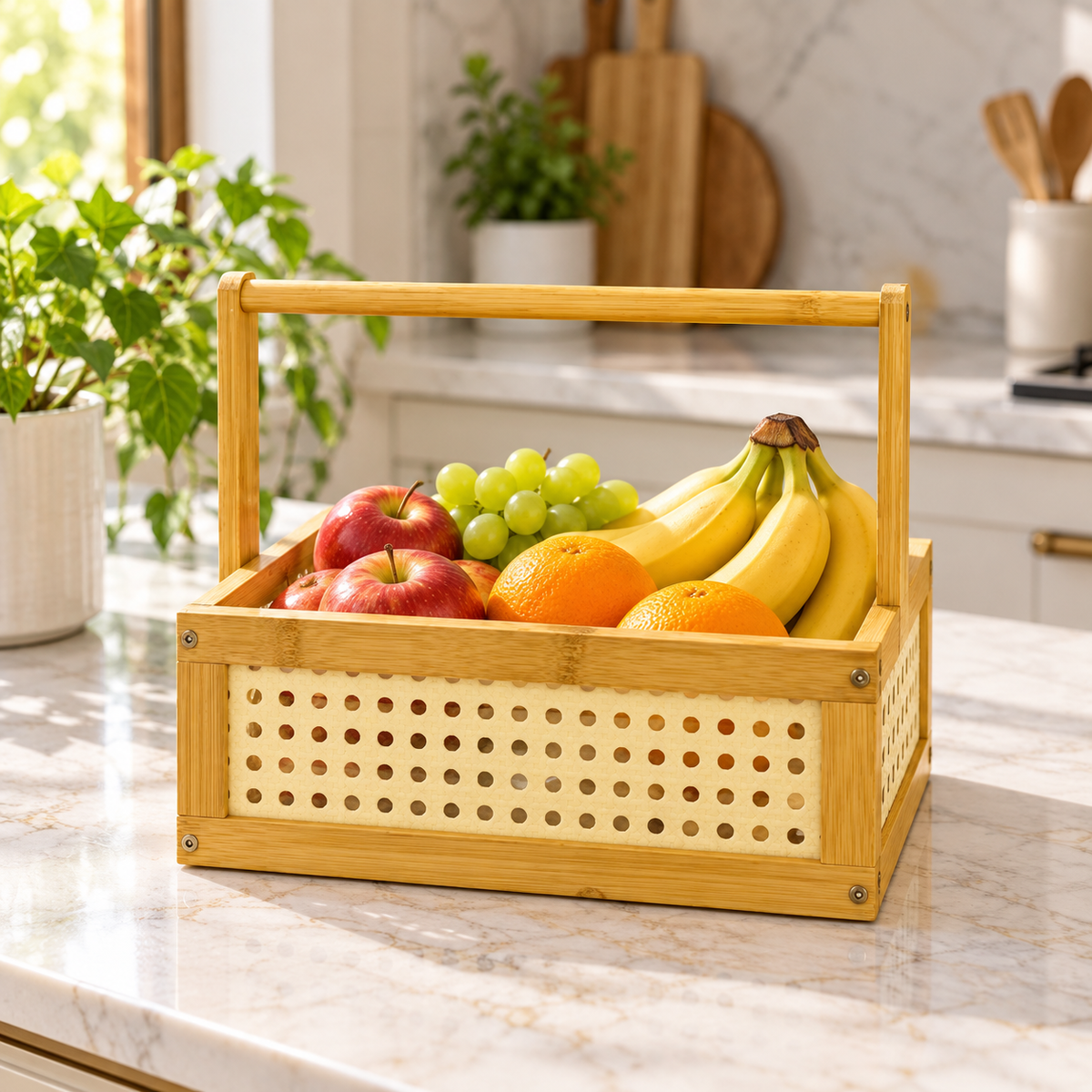 Bamboo Storage Basket with Handle – Kitchen Countertop Organizer