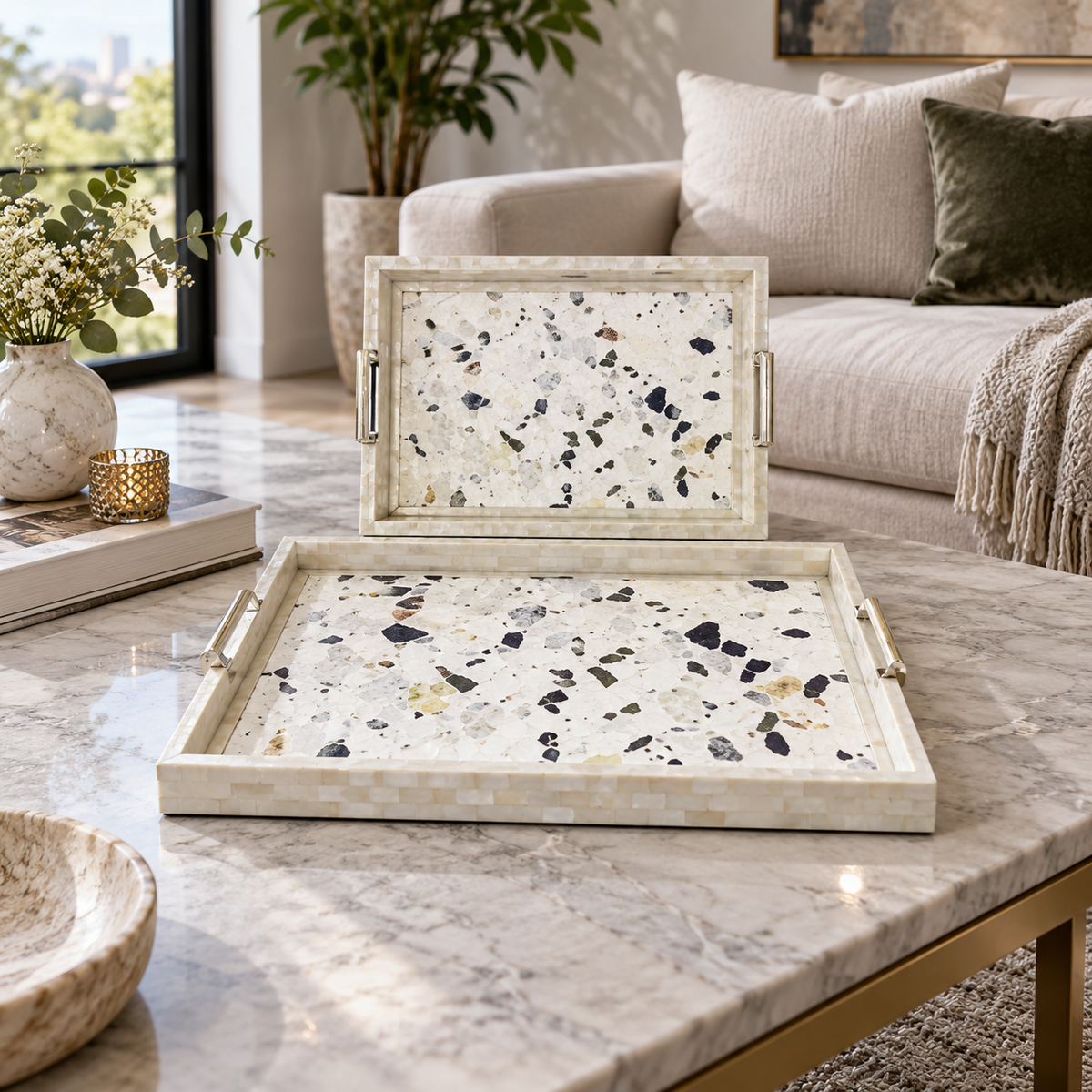 Two piece terrazzo pattern serving tray set