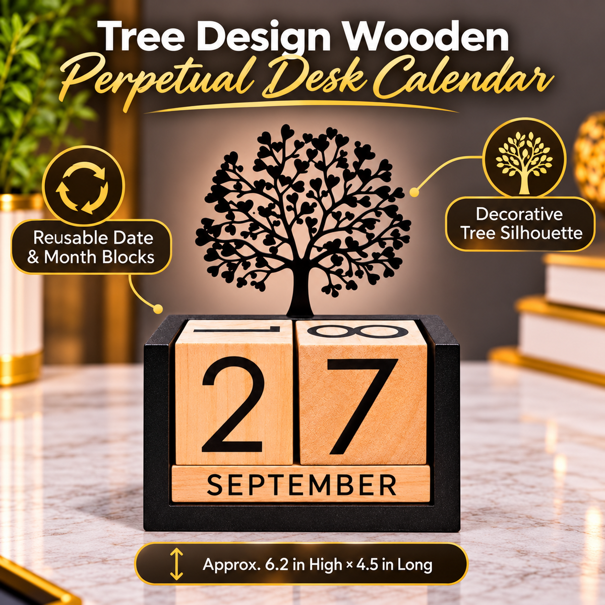 Tree Silhouette Wooden Perpetual Block Desk Calendar features and details