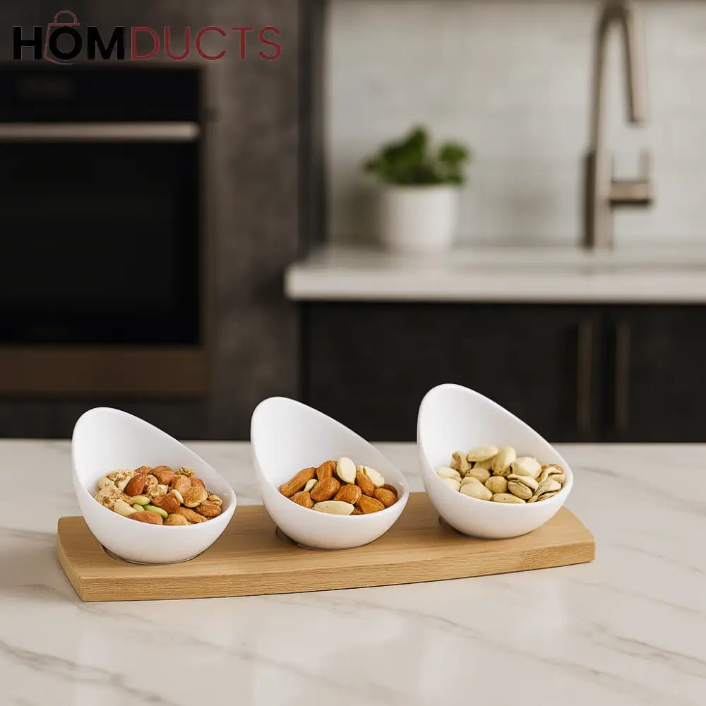 Trio Curve Snack Bowl Set with Wooden Base – Elegant Ceramic Nut Server