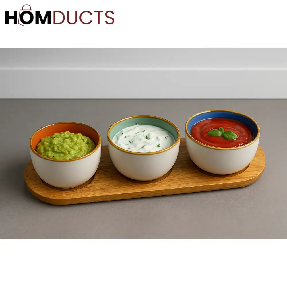 TrioTone Ceramic Dip Bowl Set with Wooden Tray