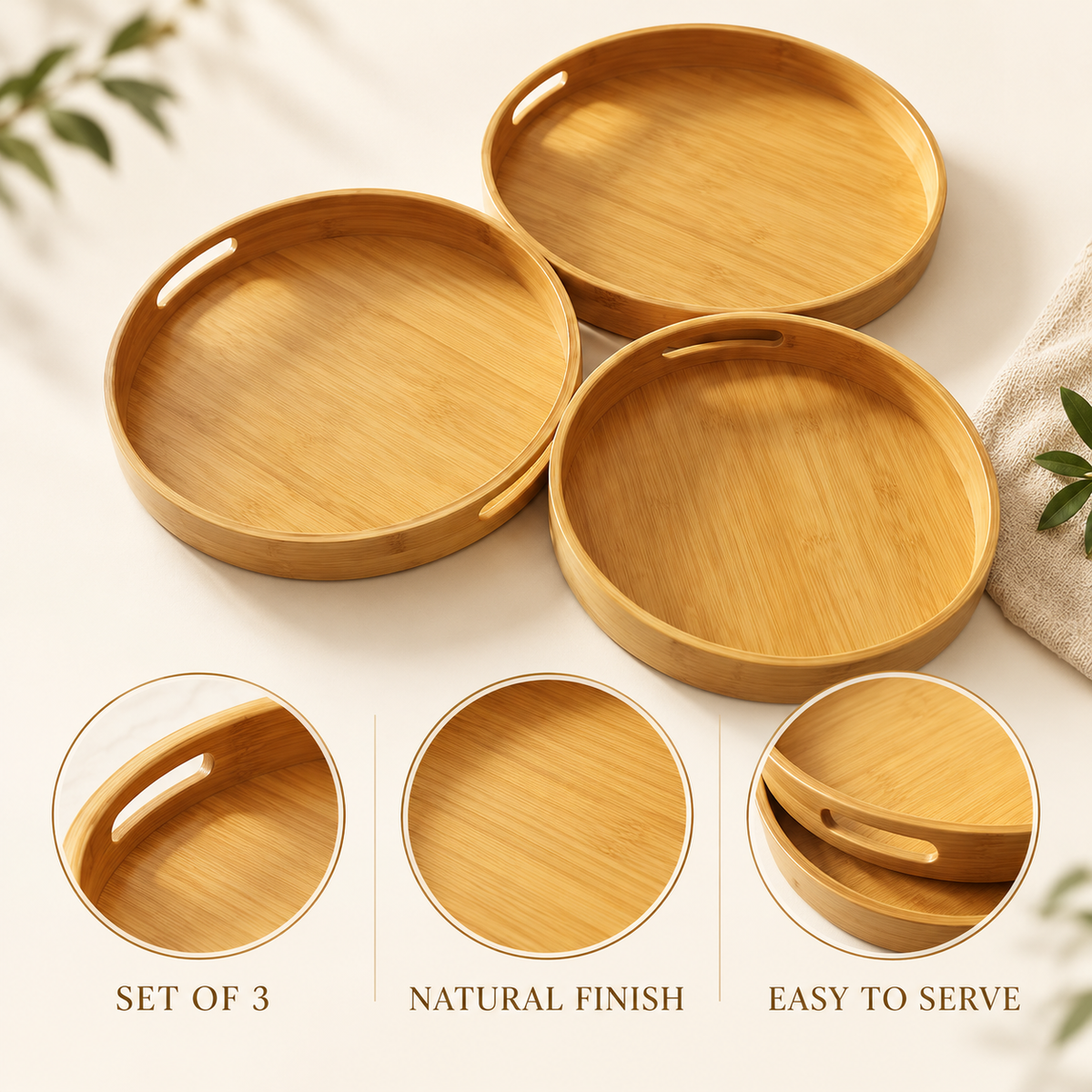 3-Piece Round Bamboo Serving Tray Set features image