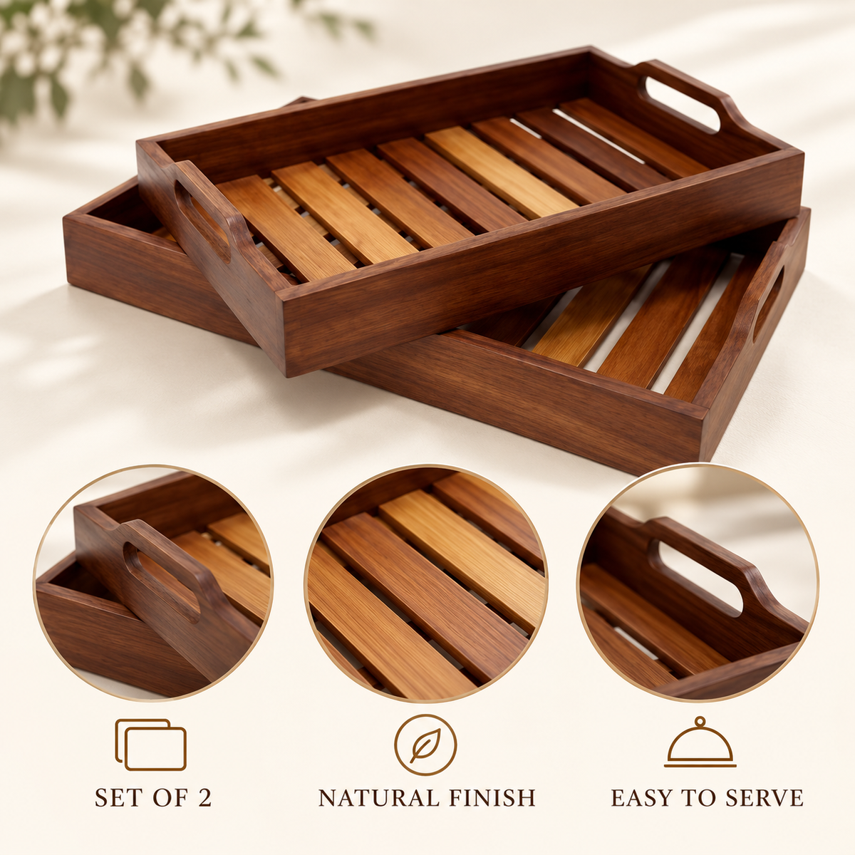 2-Piece Dark Wood Slatted Serving Tray Set features image
