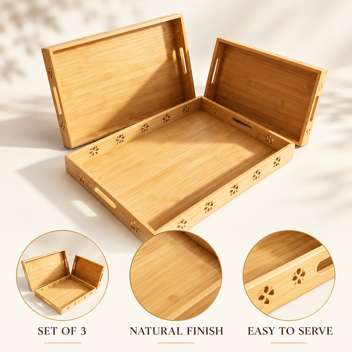 3-Piece Floral Cut-Out Bamboo Serving Tray Set features image
