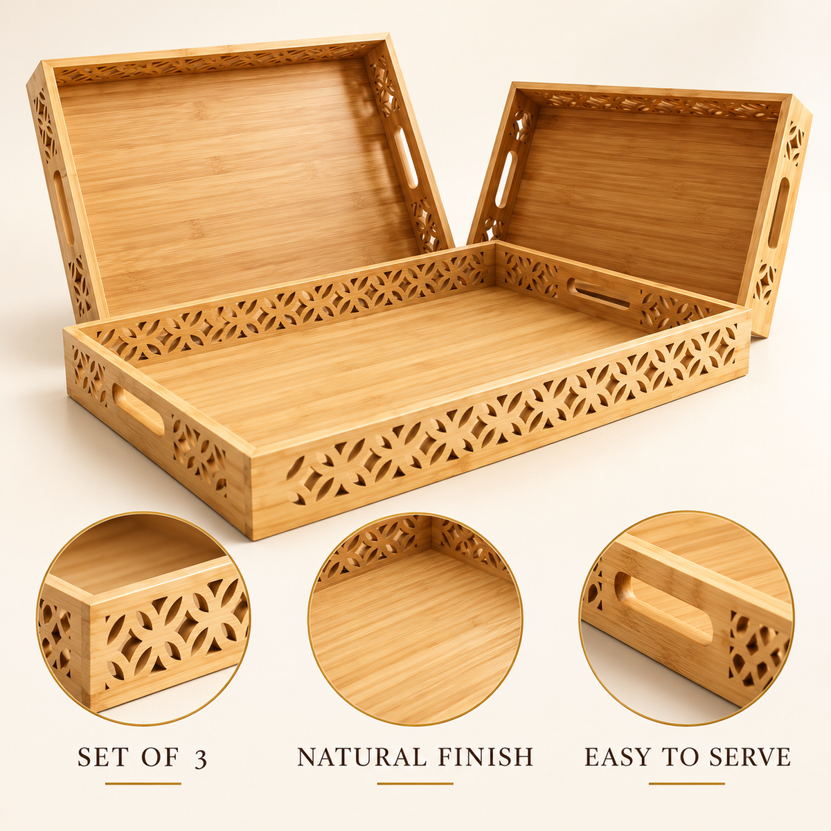 3-Piece Cut-Out Lattice Bamboo Serving Tray Set features image