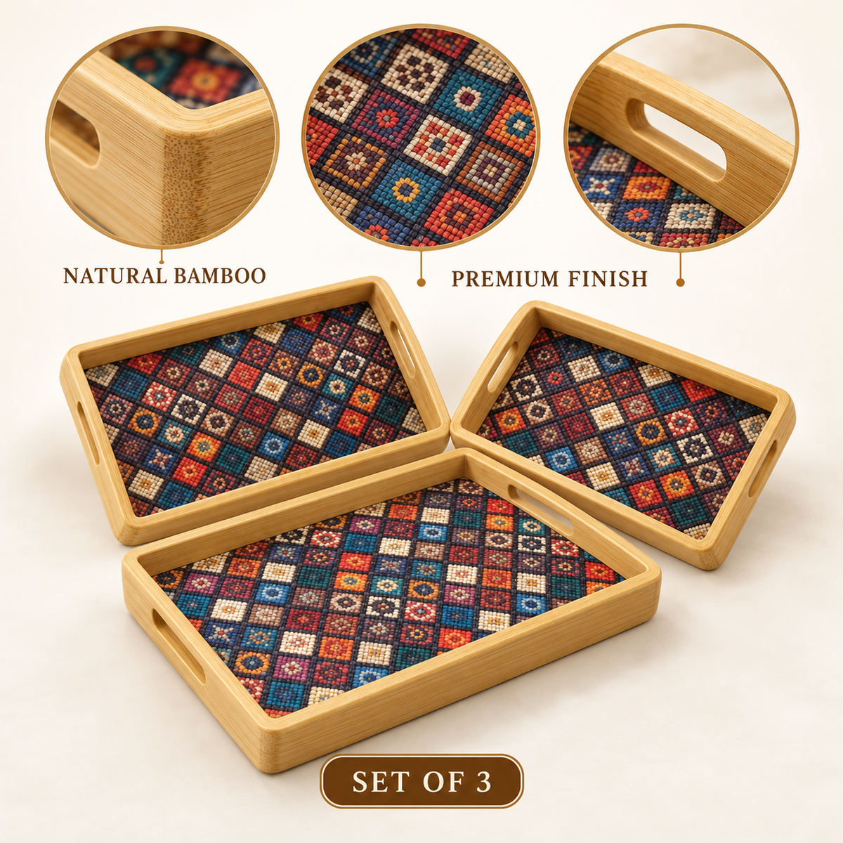 3-Piece Patterned Rectangular Bamboo Serving Tray Set material and finish details