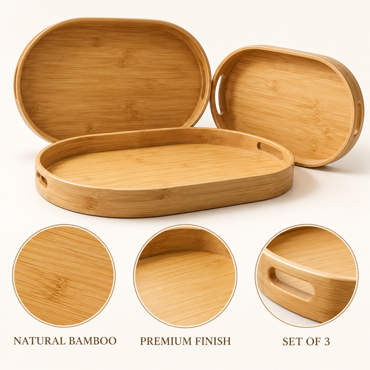 3-Piece Rounded Rectangular Bamboo Serving Tray Set features image