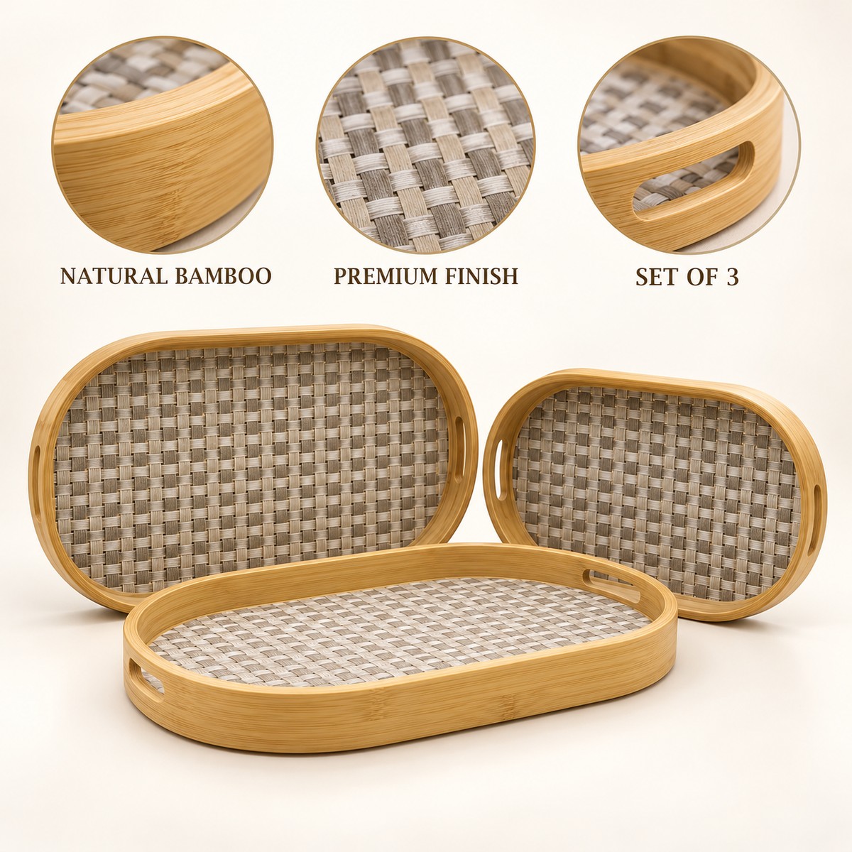 3-Piece Grey Weave Bamboo Serving Tray Set features image