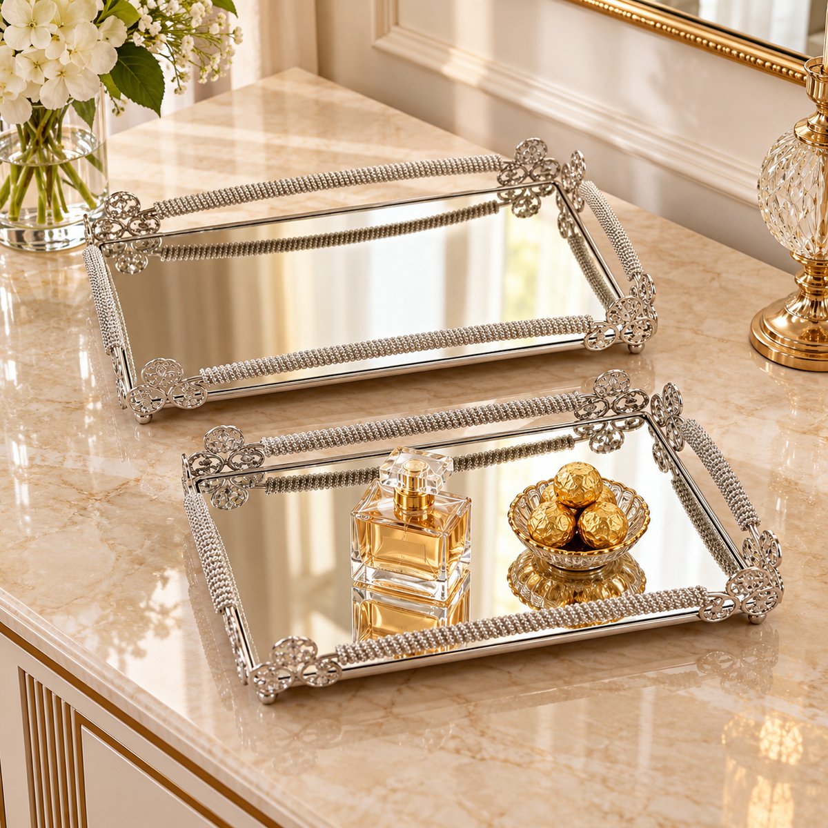 2-piece butterfly corner mirror serving tray set