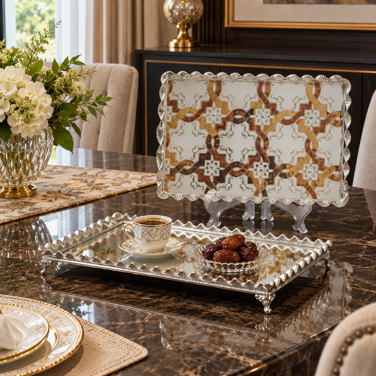 2-piece linked ornamental pattern mirror serving tray set