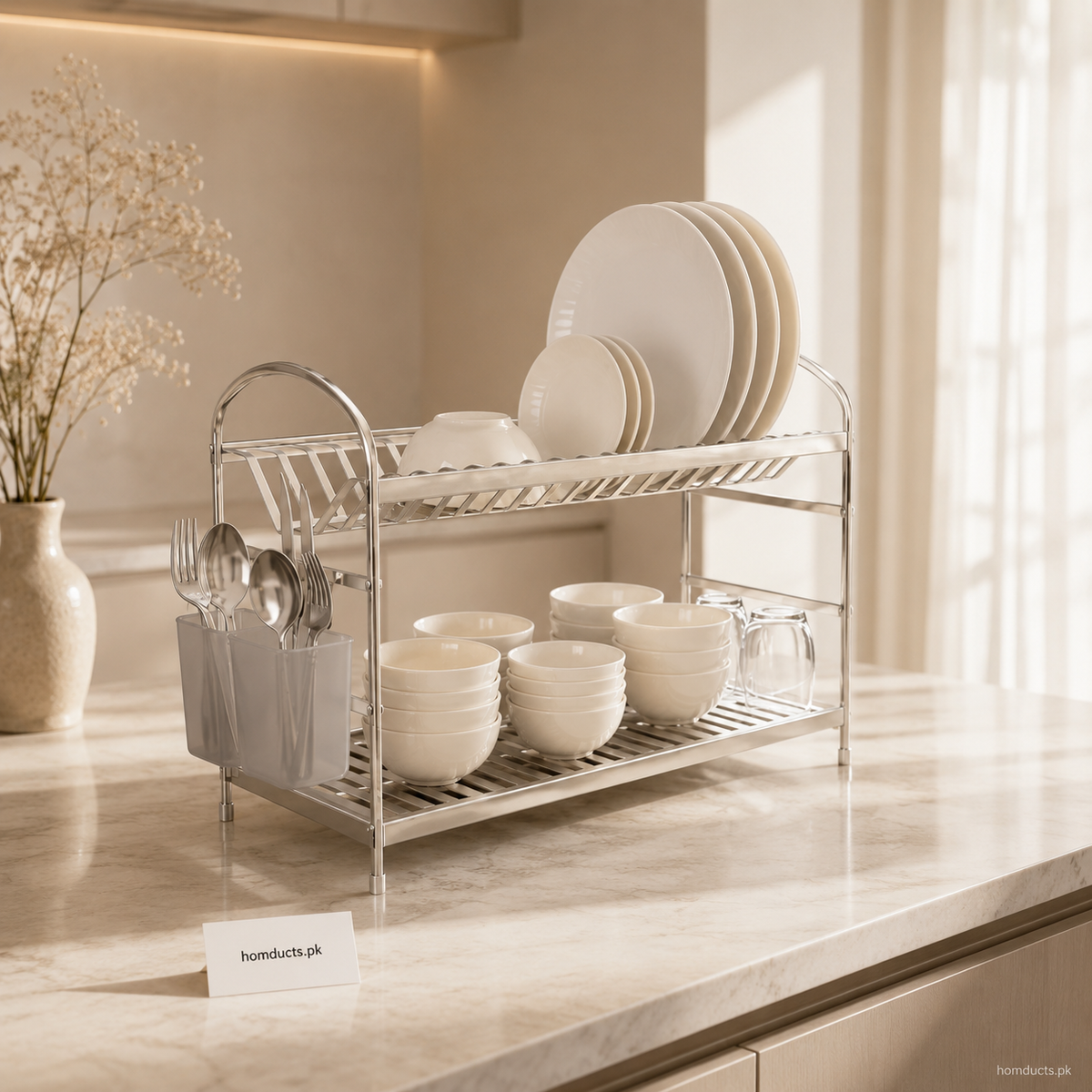 Two-tier aluminum dish drying rack with plates bowls and cutlery