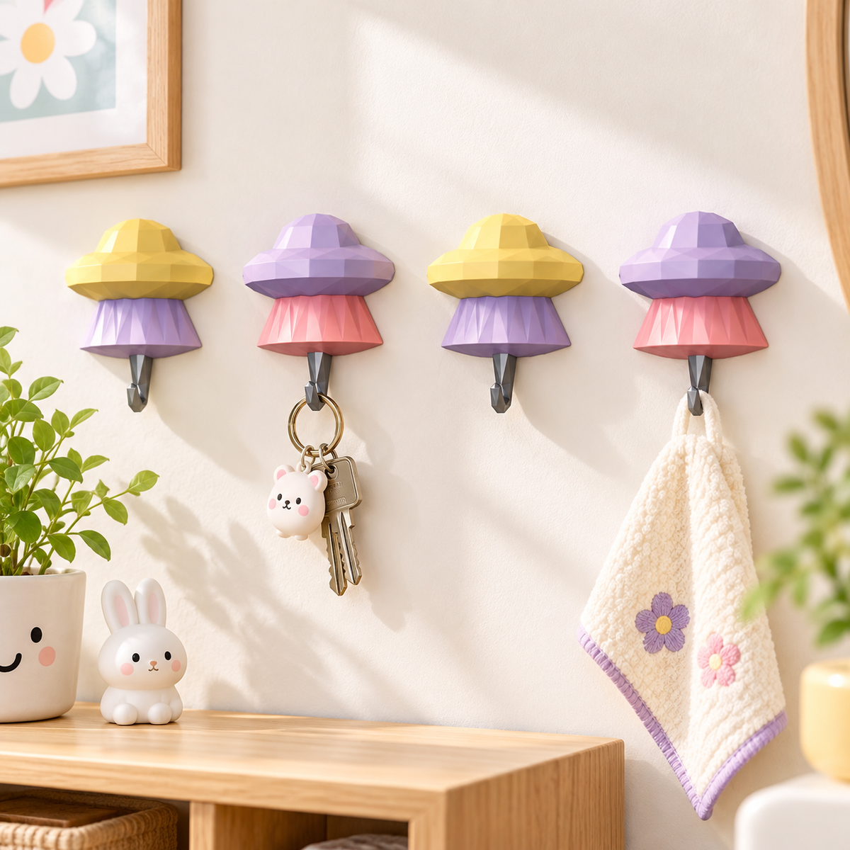 4 piece colorful UFO adhesive wall hooks