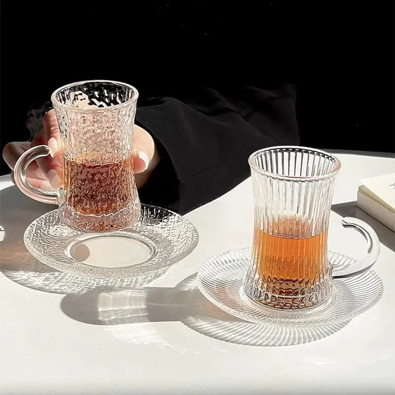 Vintage Clear Glass Tea Cups with Saucers – Elegant Textured Turkish Tea & Espresso Mug Set with Handle (6pcs)