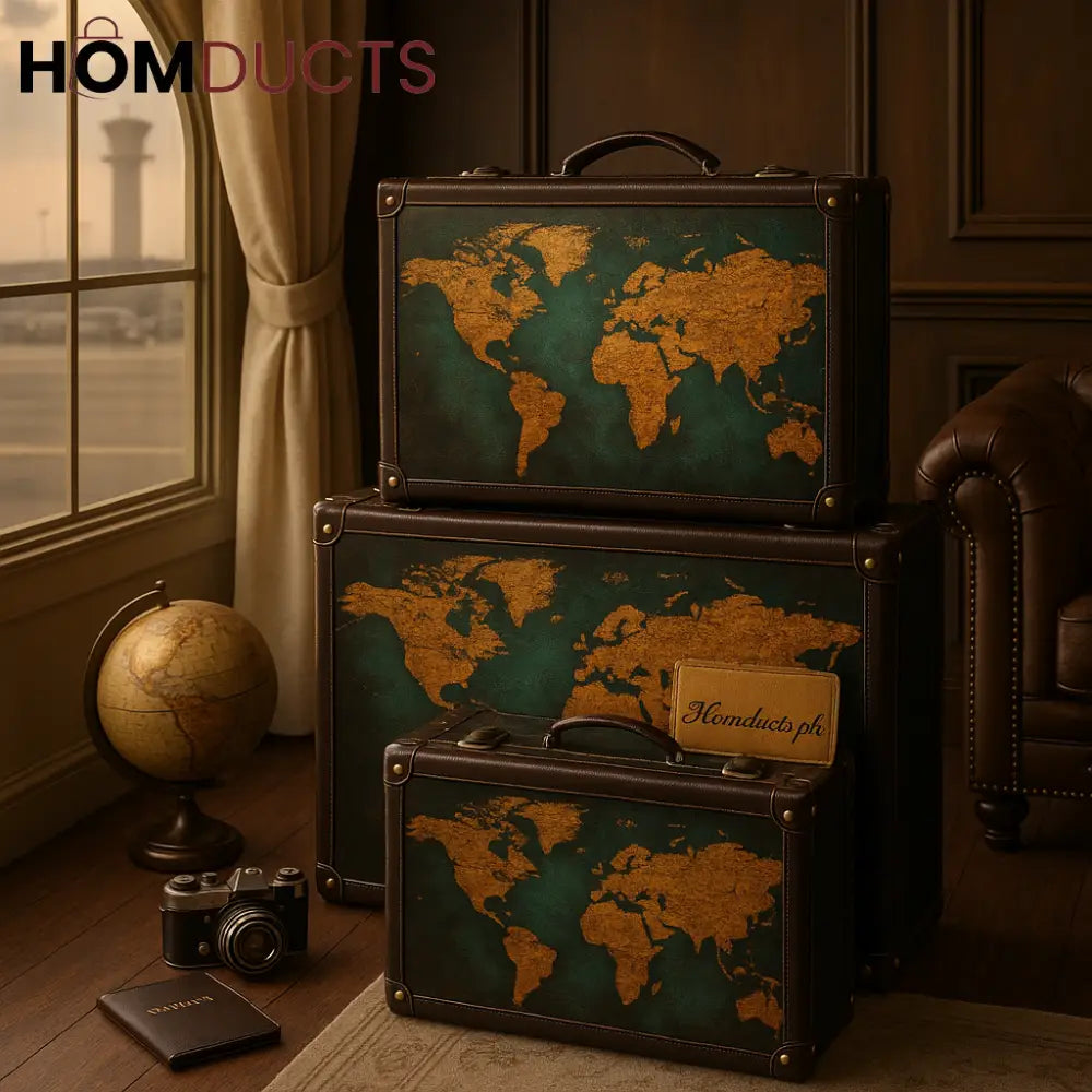 Vintage Suitcase Set (3pcs) – World Map Design with Leather Trim