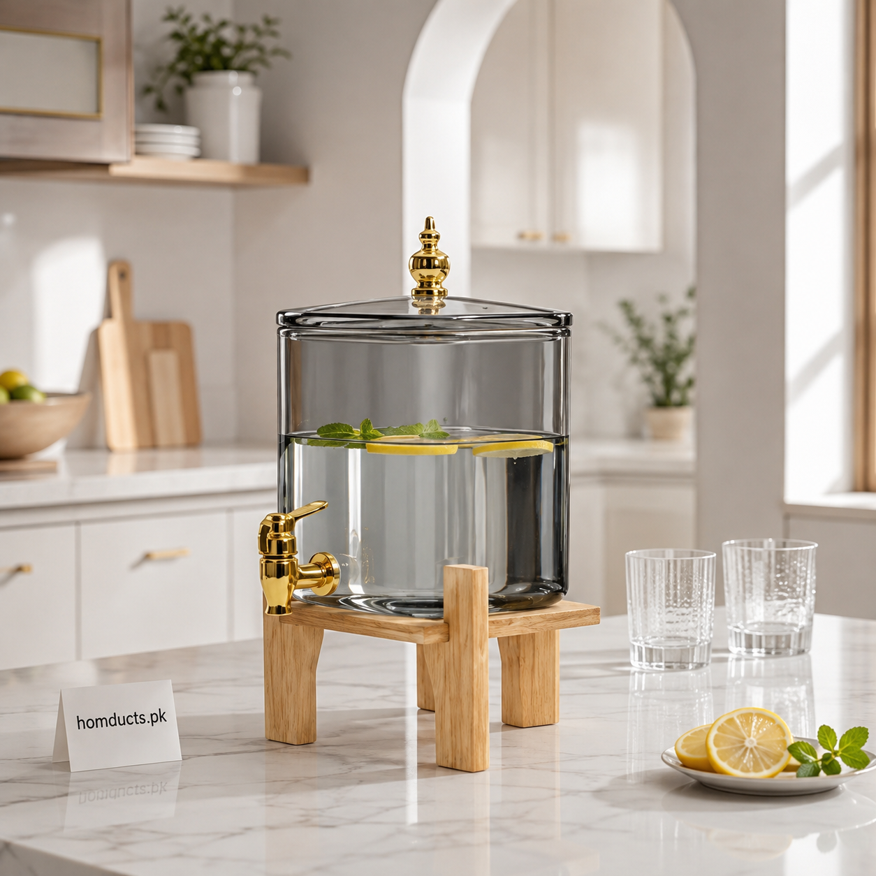 Premium 4.2L Smoky Glass Beverage Dispenser with Wooden Stand