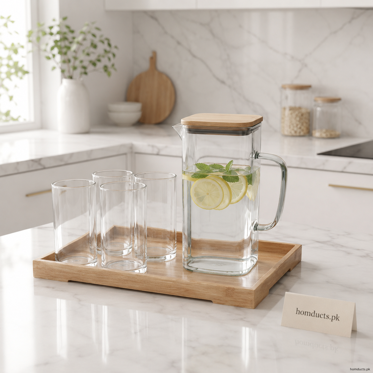 Premium Clear Glass Water Pitcher Set with 4 Glasses & Wooden Tray - 6 Piece