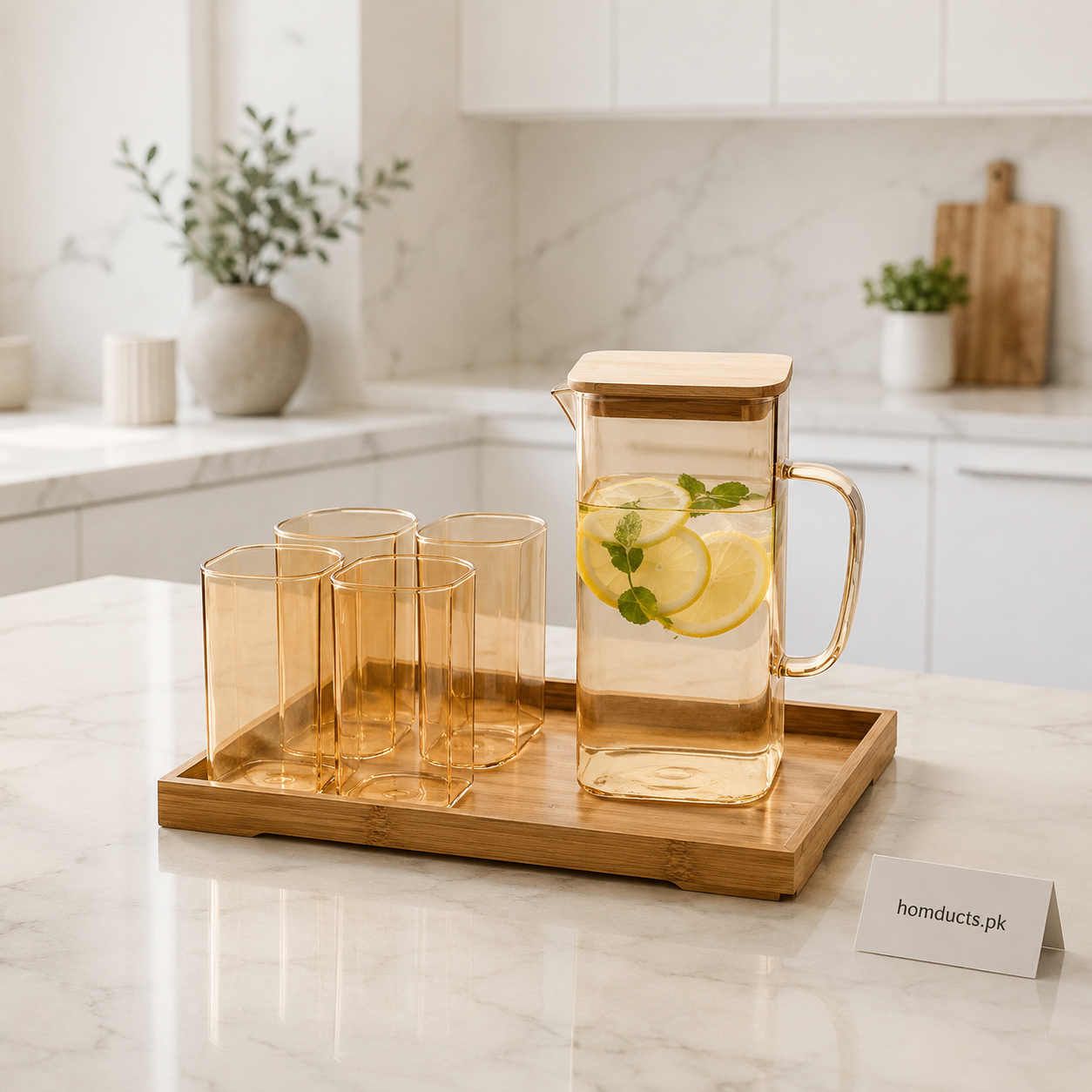 Premium Amber Glass Water Pitcher Set with 4 Glasses & Wooden Tray - 6 Piece