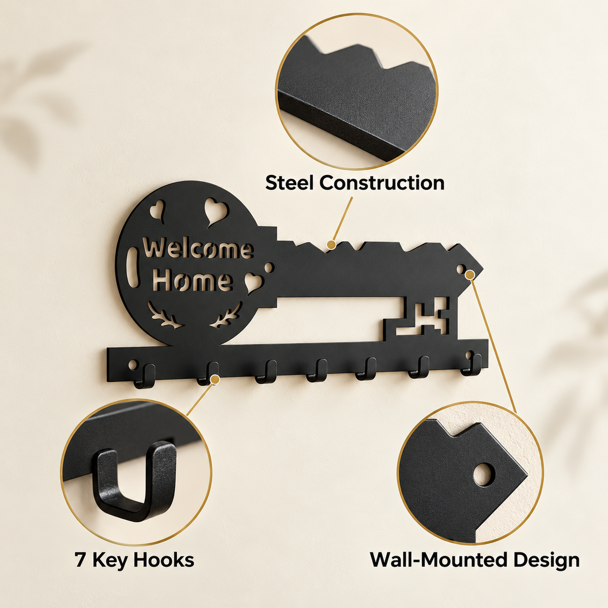 Welcome Home Key-Shaped steel wall key holder feature details