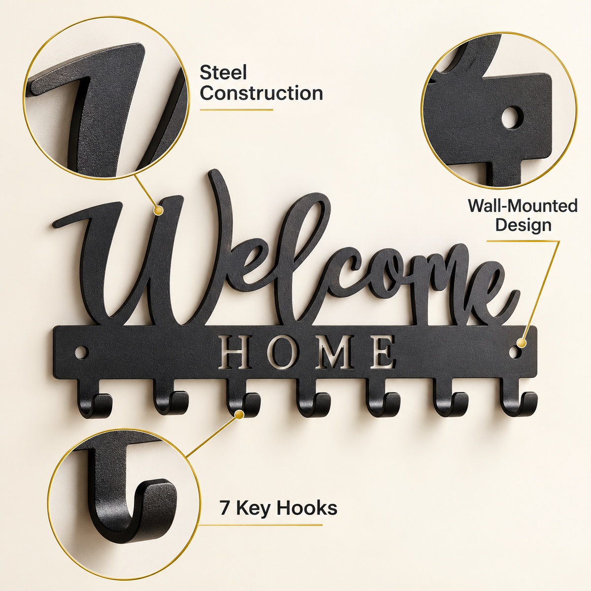 Welcome Home Script steel wall key holder feature details