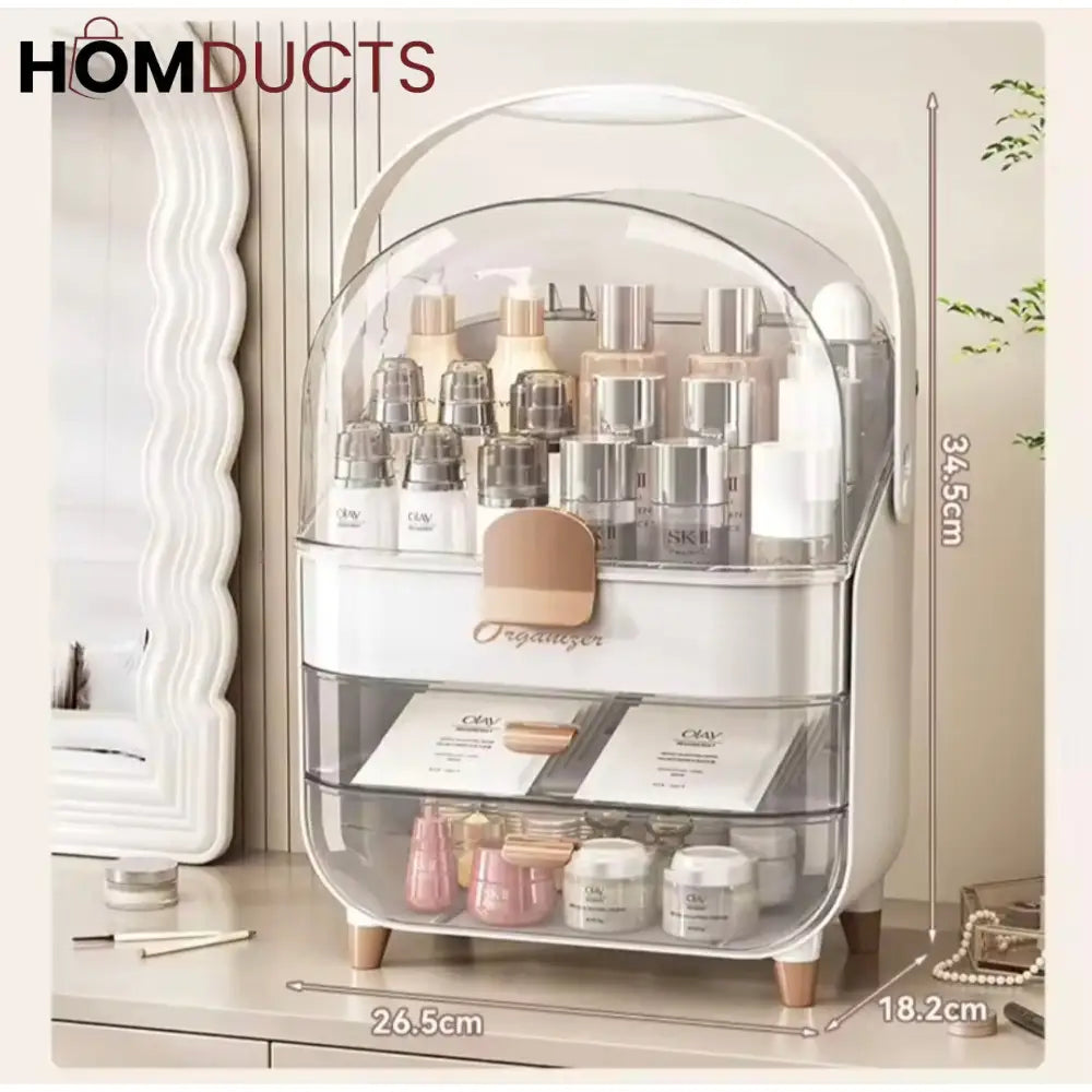 White-Gold Cosmetic Organizer with Dustproof Dome & Drawer Storage