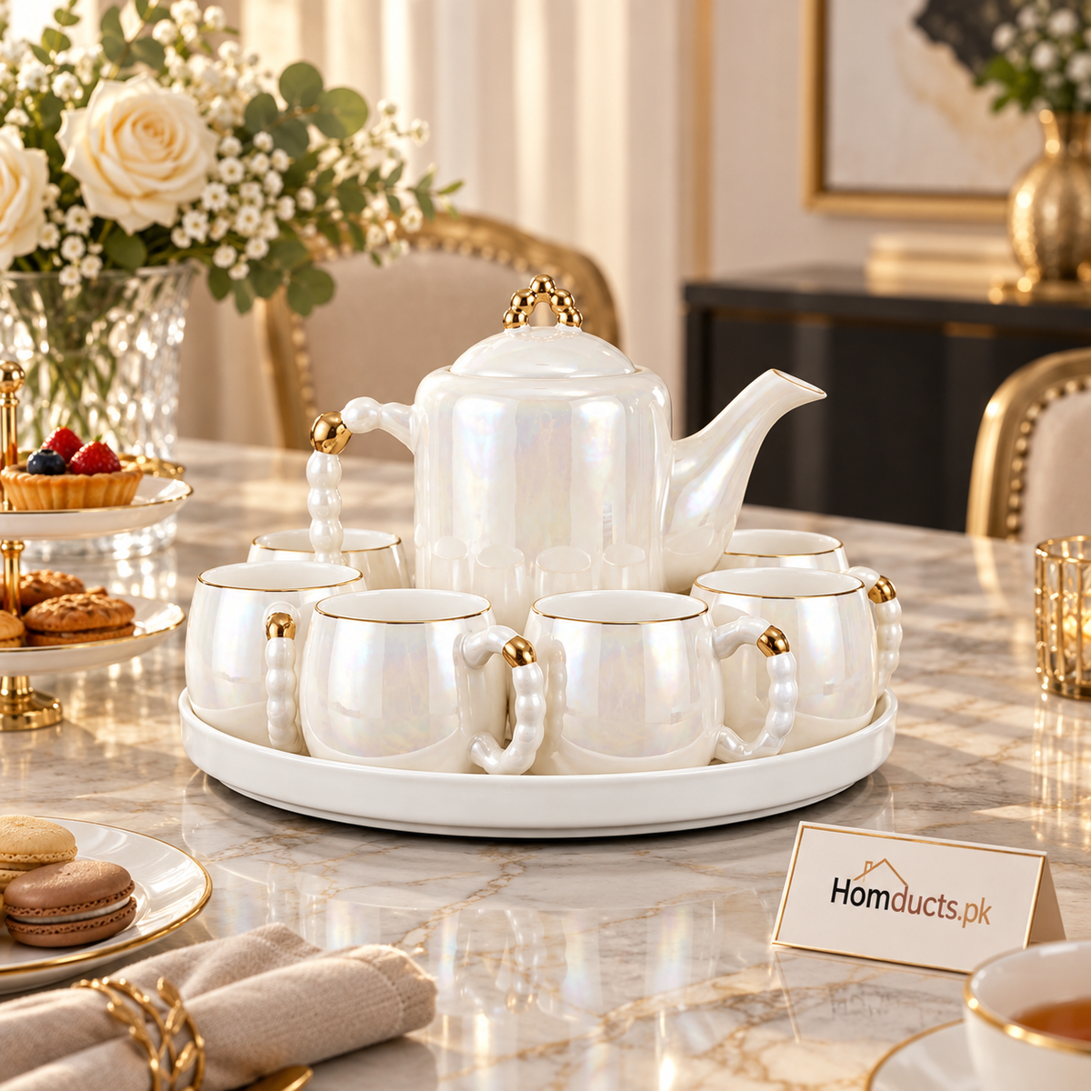 White & Gold Revolving Tea Set – 9 Pieces