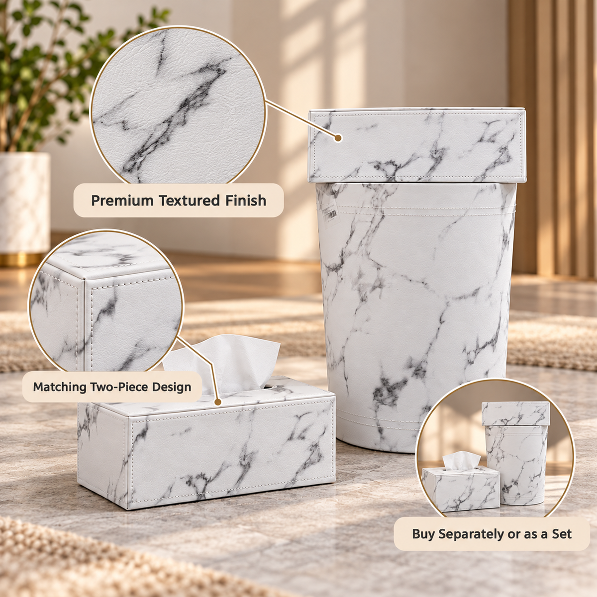 Premium White Marble-Pattern Tissue Box & Dustbin Set feature details