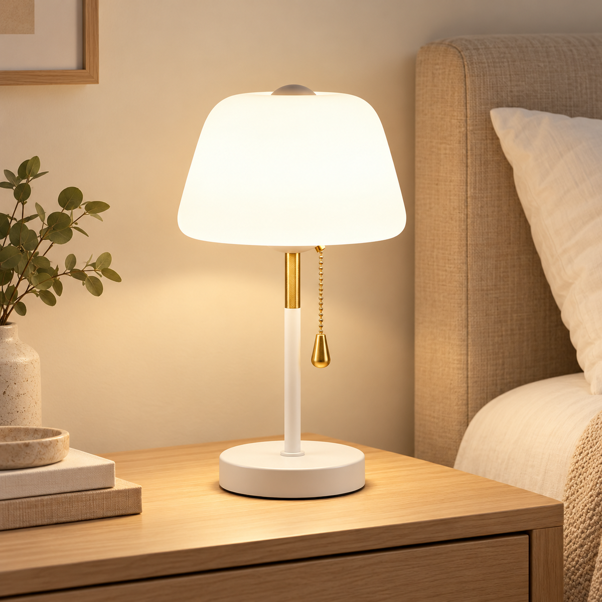 White bedside table lamp with pull chain switch