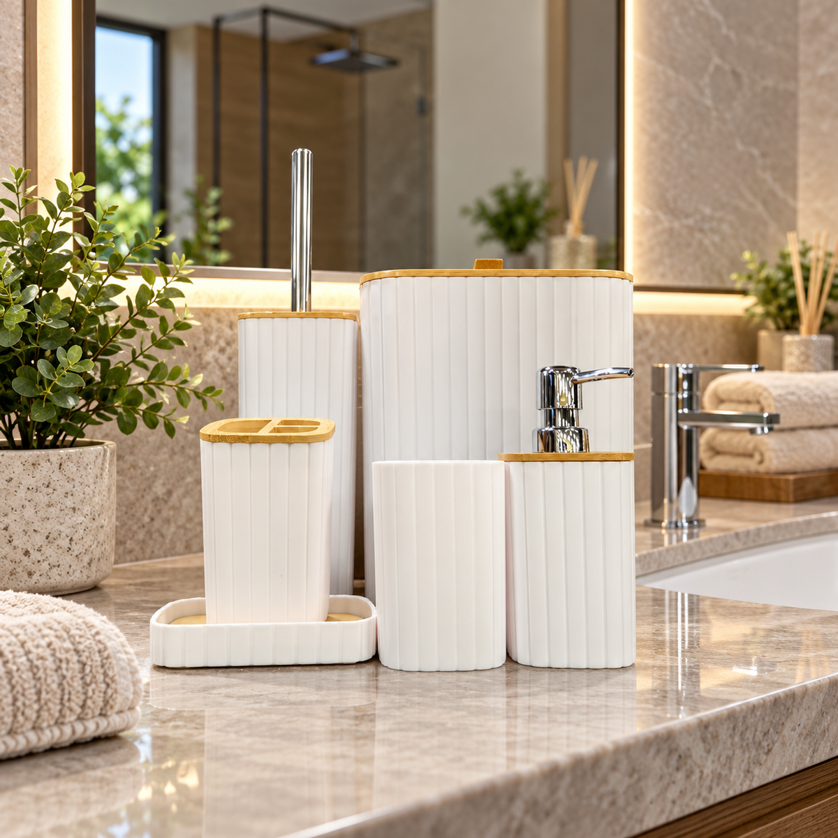 Premium White Ribbed 6-Piece Bathroom Accessory Set