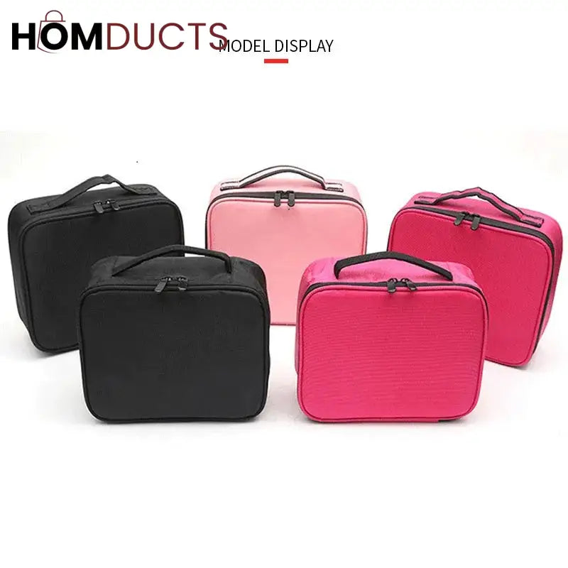 Black and pink makeup cases shown in different sizes