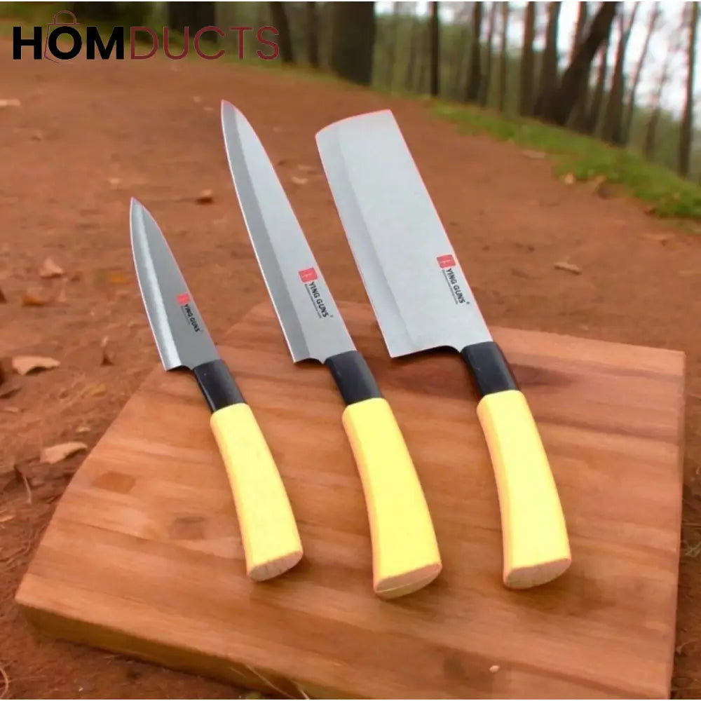 Ying Guns Premium 3 Piece Stainless Steel Kitchen Knife Set – Ultra Sharp Chef Knives with Wooden Handles