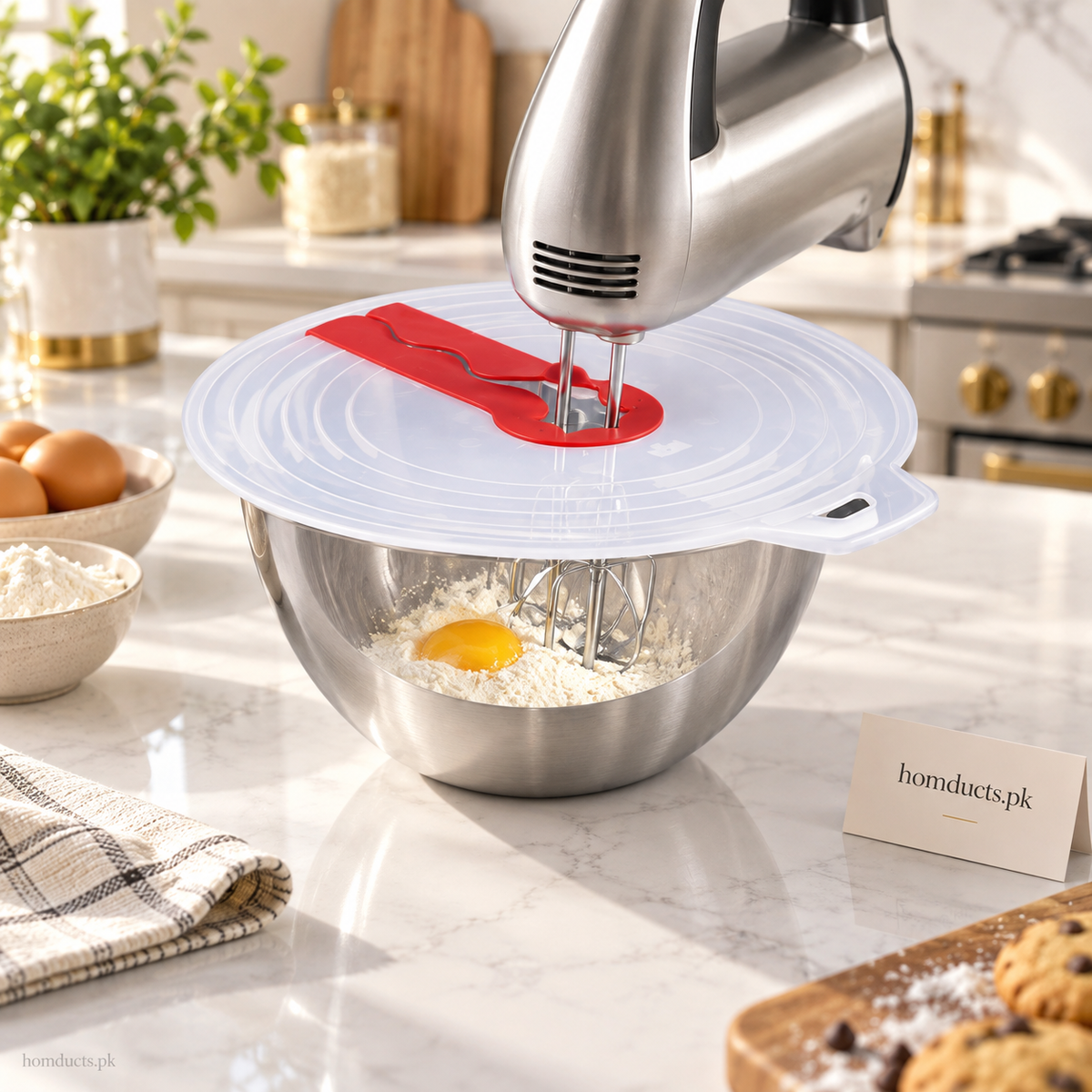 Silicone mixing bowl splatter guard fitted over a stainless steel bowl