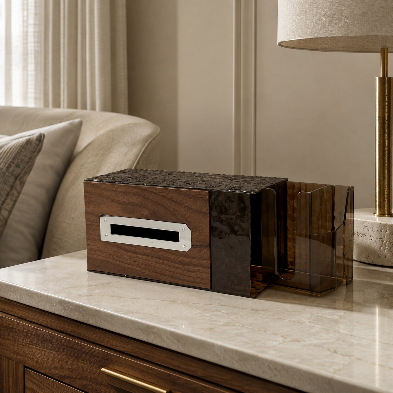 Wood-Effect Tissue Box with Pen Holder 3904-20