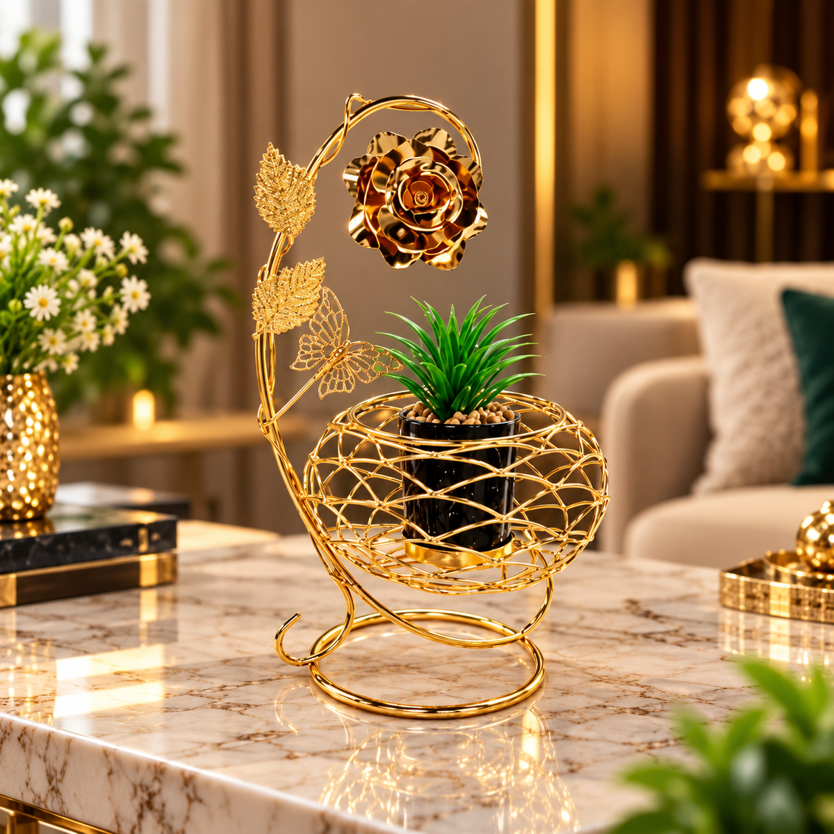 Gold rose metal decorative plant pot holder