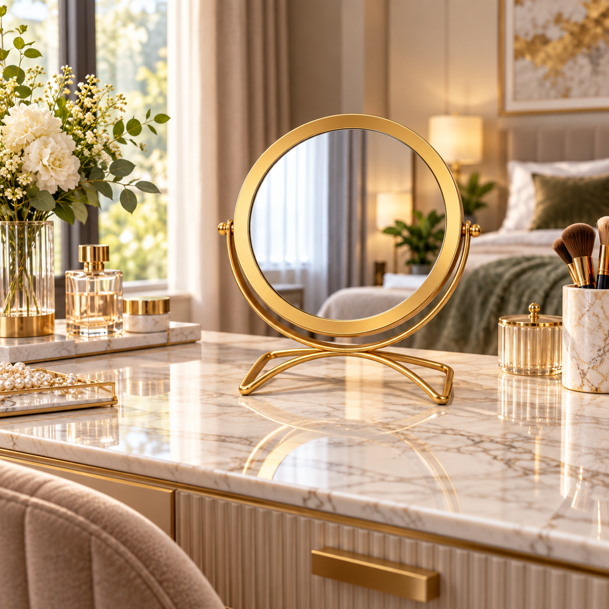 Round gold metal tabletop vanity mirror