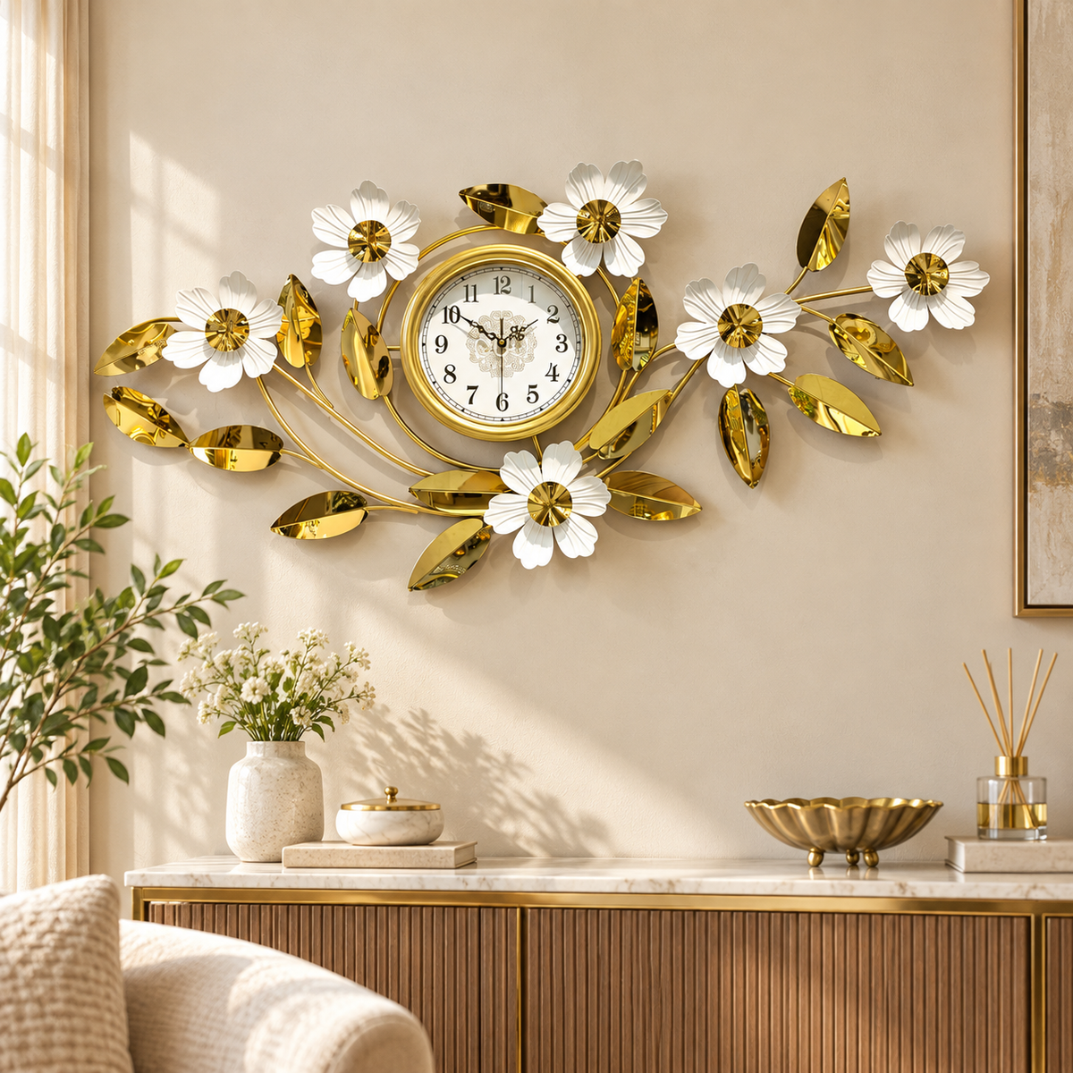 Gold Vine and White Flower Decorative Metal Wall Clock