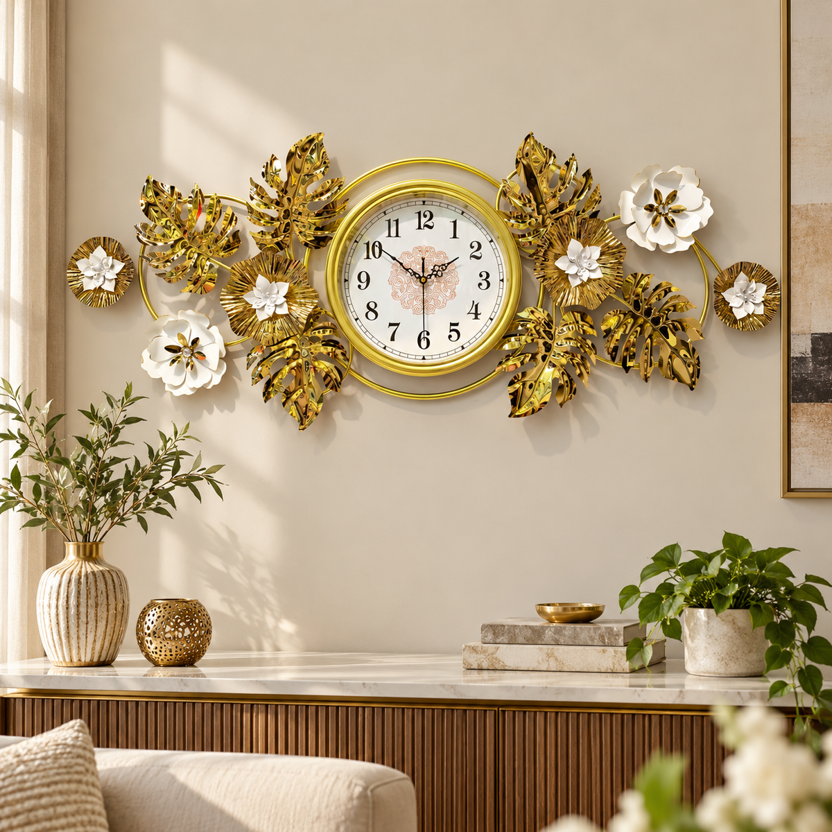Gold Leaf and White Rose Decorative Metal Wall Clock