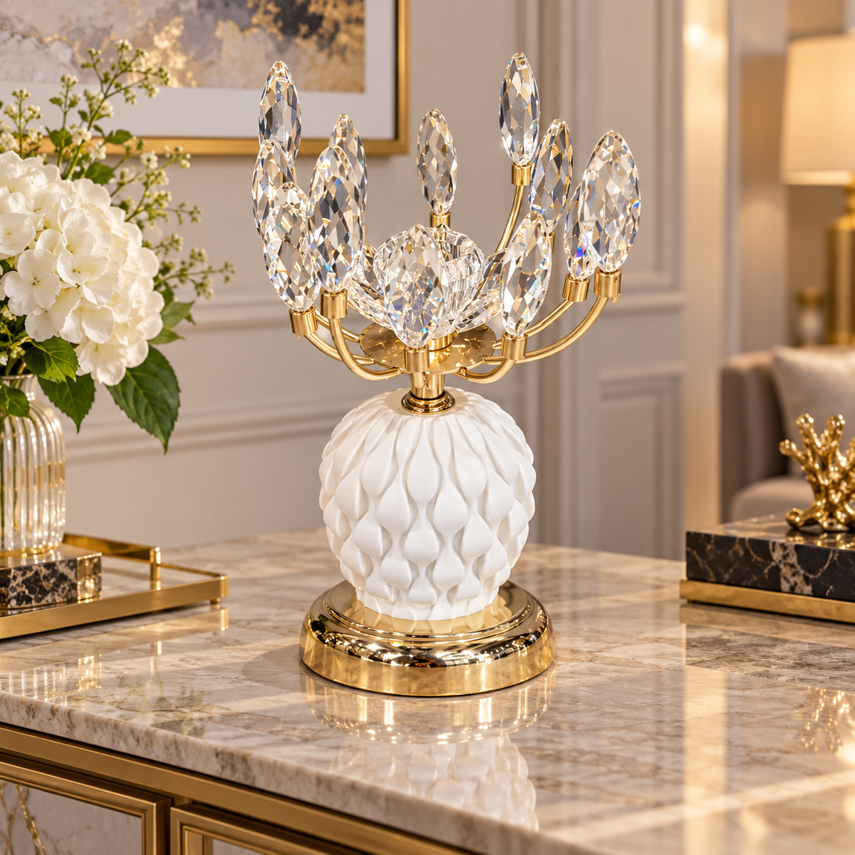 White and gold crystal leaf candle holder