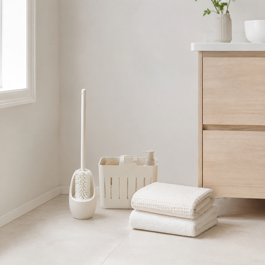 Bathroom cleaning accessories in a bright organized space