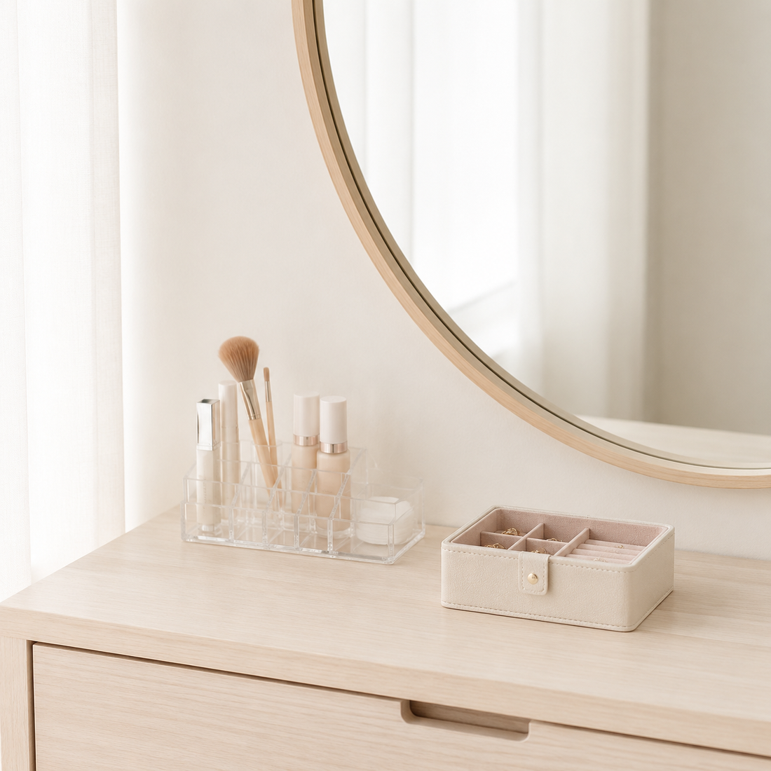 Cosmetic and jewellery organizers on a minimal vanity