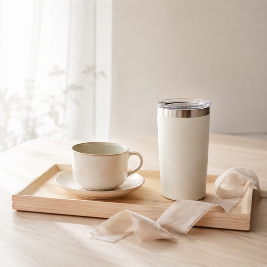 Minimal mug and tumbler gift arrangement